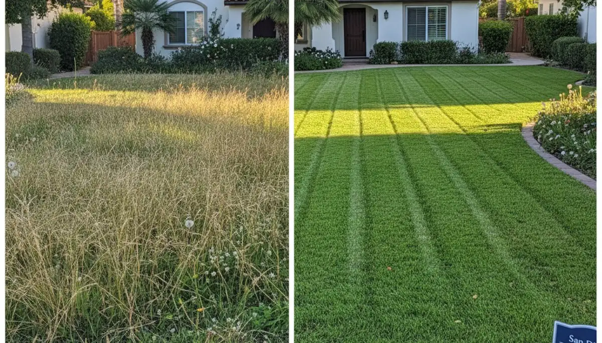 Before and after professional lawn mowing transformation in San Diego, CA by Chop Chop Landscaping
