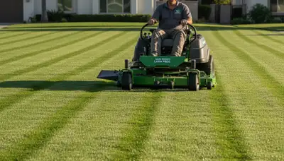 Commercial mower creating precise lawn stripes during professional mowing in San Diego, CA