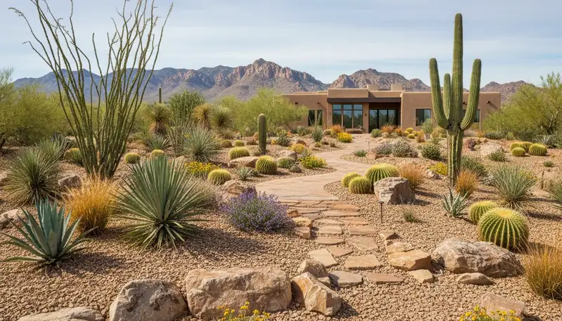 Professional desert landscape design with native plants and rock mulch in San Diego, California