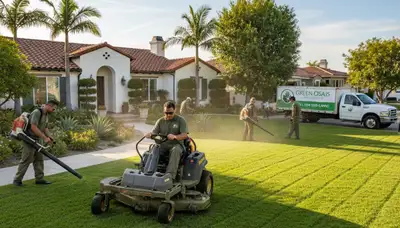 Professional landscaping crew performing full lawn maintenance service in San Diego, CA