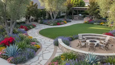 Residential landscape transformation with layered plantings and hardscape design in San Diego, CA
