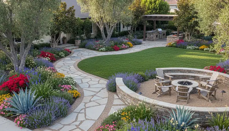 Residential landscape transformation with layered plantings and hardscape design in San Diego, CA