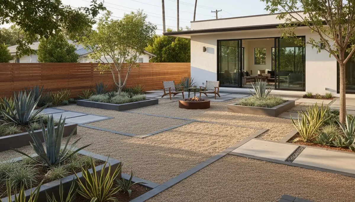 Modern pea gravel landscape with clean lines and architectural plants in San Diego, CA