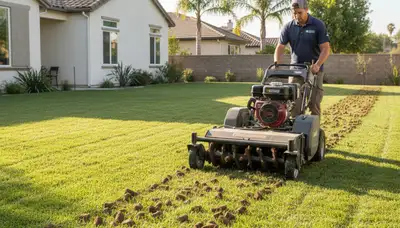 Core aerator treating residential lawn in San Diego, CA for professional lawn aeration service