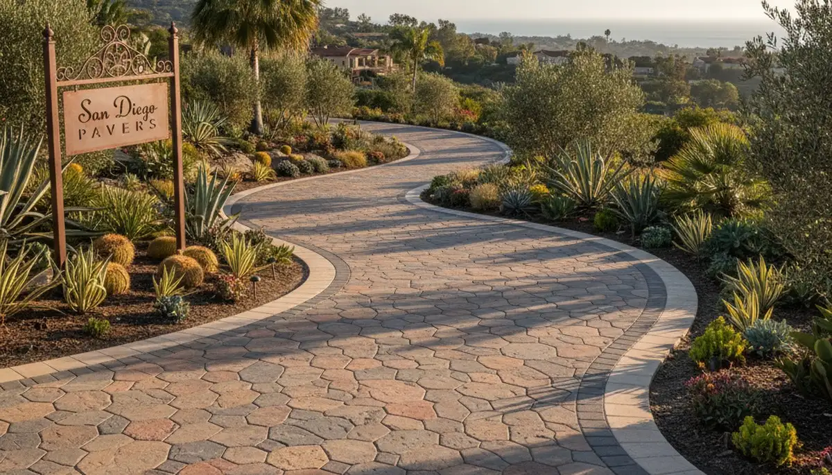 Curved paver driveway design by professional landscaping contractors in San Diego, CA