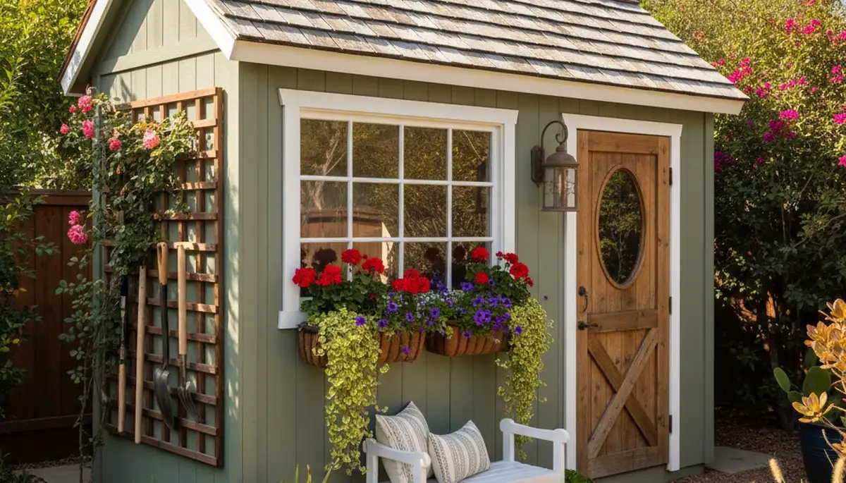 Decorative garden shed with custom landscaping in San Diego, CA by professional landscape contractors