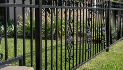 Black ornamental metal fence installation by Chop Chop Landscaping in San Diego, CA