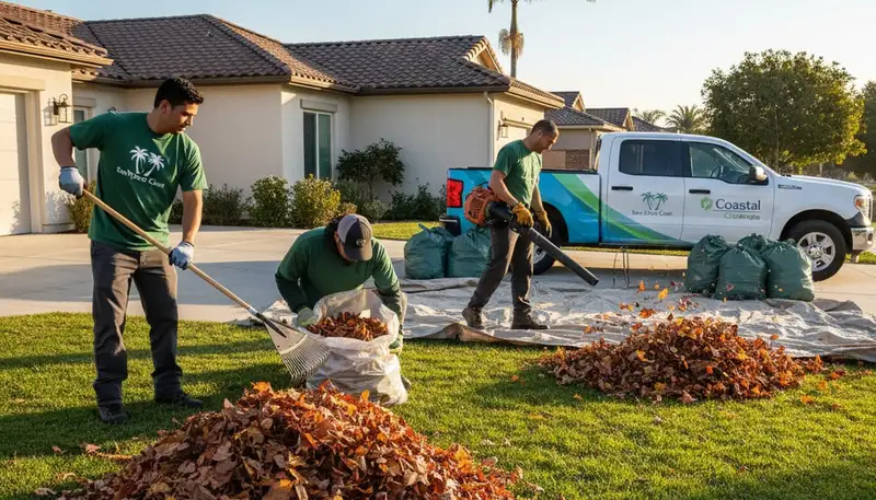 Technicians performing fall leaf removal and yard clean up in San Diego, CA landscaping service