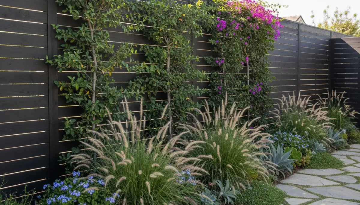 Modern wood fence with lush garden landscaping by Chop Chop Landscaping in San Diego, CA