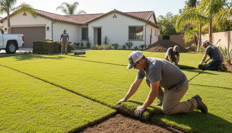 Professional sod installation with fresh turf rolls in San Diego CA lawn by expert landscapers