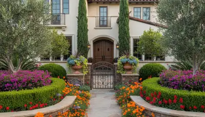 Front yard landscaping design with colorful plants and shrubs enhancing curb appeal in San Diego, CA