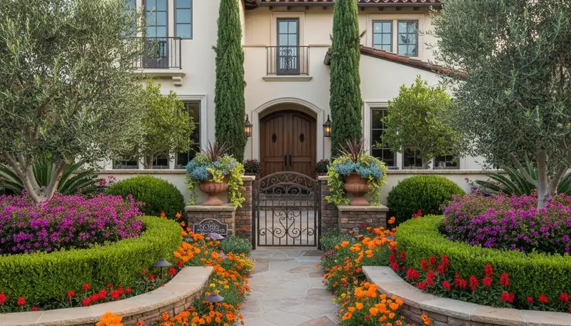 Front yard landscaping design with colorful plants and shrubs enhancing curb appeal in San Diego, CA