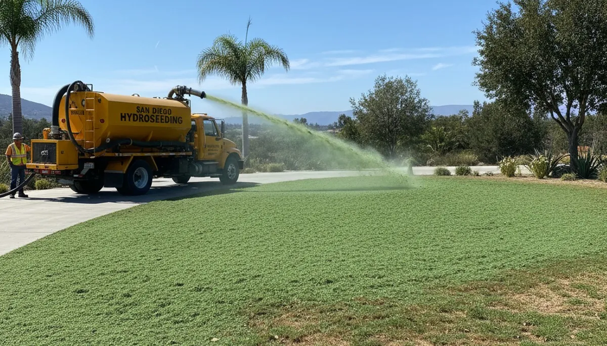 Hydroseeder truck spraying green slurry on new lawn in San Diego, CA by Chop Chop Landscaping