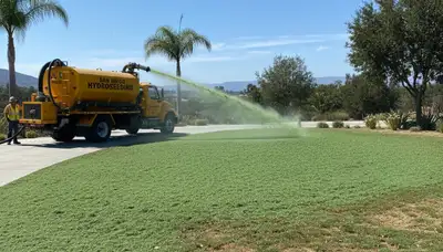 Hydroseeder truck spraying green slurry on new lawn in San Diego, CA by Chop Chop Landscaping
