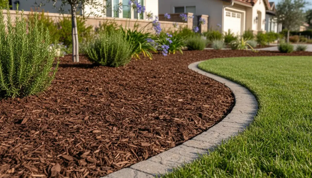 Freshly mulched landscape bed with clean edging by Chop Chop Landscaping in San Diego, CA
