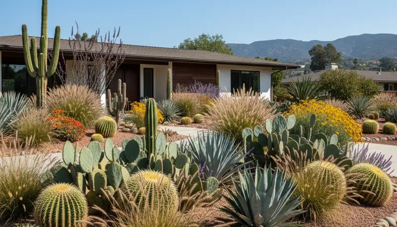 Native desertscape with cacti, succulents, and grasses in water-efficient San Diego CA landscaping design