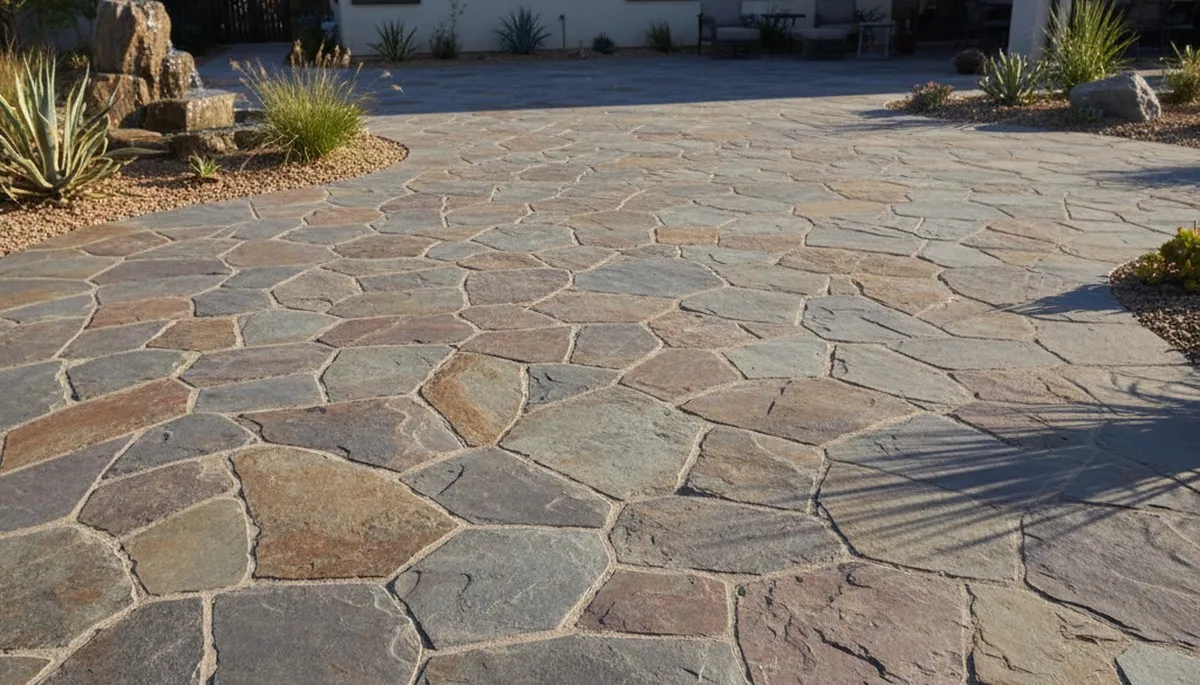 Flagstone patio with natural slate pavers installed by landscaping experts in San Diego, CA