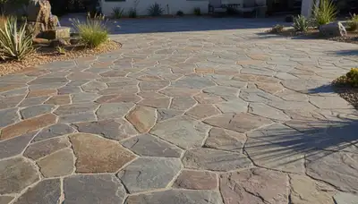 Flagstone patio with natural slate pavers installed by landscaping experts in San Diego, CA