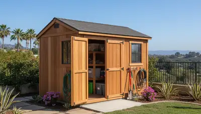 New backyard shed installation by professional landscapers in San Diego, CA showcasing quality craftsmanship