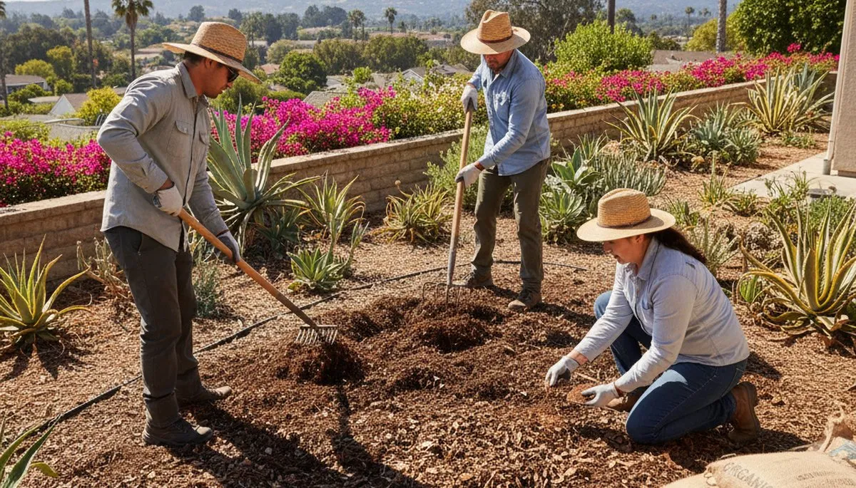 Applying organic compost and soil amendments to landscape beds in San Diego, CA for healthy lawns