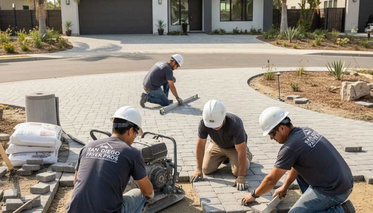 Professional crew installing driveway pavers in San Diego, CA with precise base prep and leveling