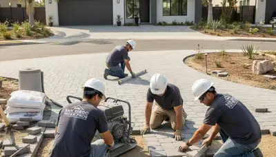 Professional crew installing driveway pavers in San Diego, CA with precise base prep and leveling