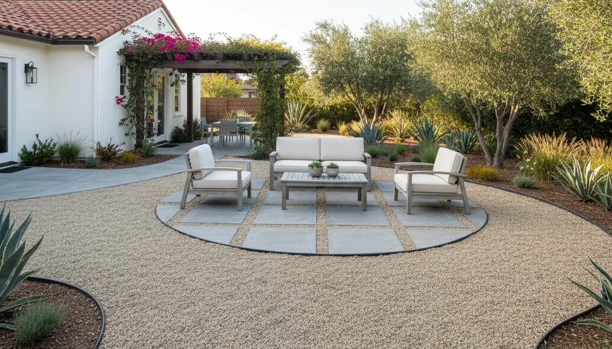 Professional pea gravel patio installation with outdoor seating in San Diego, CA landscaping project