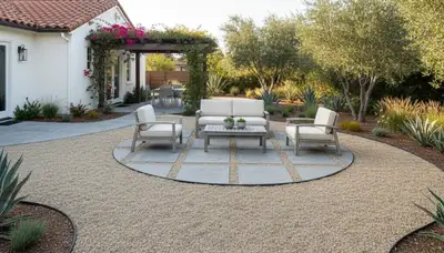Professional pea gravel patio installation with outdoor seating in San Diego, CA landscaping project
