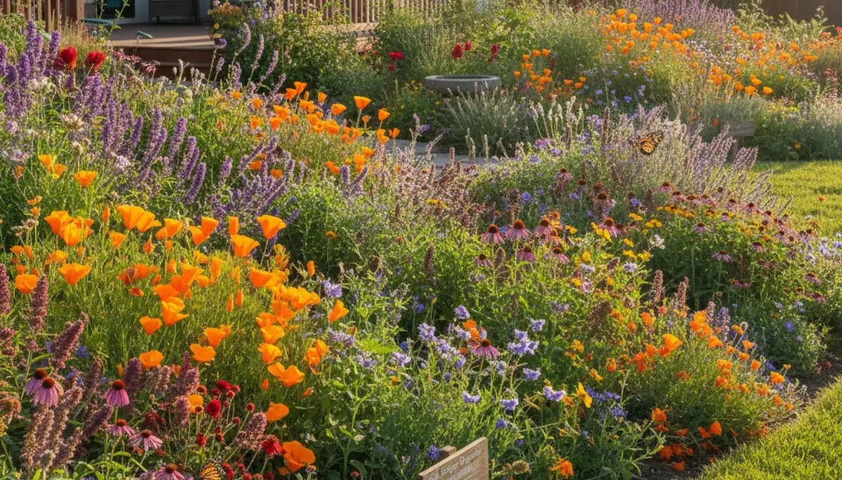 Vibrant native pollinator garden with bee and butterfly plants by organic landscapers in San Diego, CA