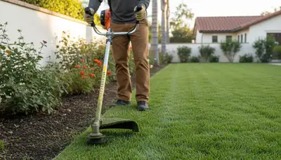 Technician edging lawn with string trimmer for precise landscaping finish in San Diego, CA