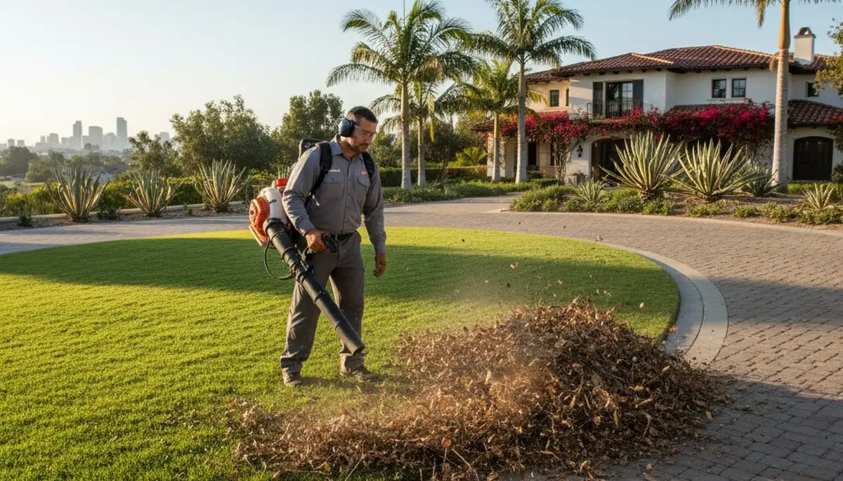 Technician using leaf blower for lawn debris cleanup in San Diego, CA by Chop Chop Landscaping