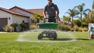Lawn care technician applying fertilizer with spreader on residential lawn in San Diego, CA