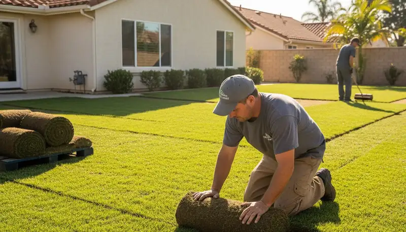 Professional landscaper installing fresh sod with staggered seams in San Diego, CA for lush lawn results