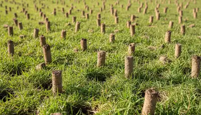 Close-up of soil core plugs after lawn aeration by professional landscapers in San Diego, CA