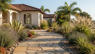 Curved stone paver pathway installation by professional landscapers in San Diego, CA