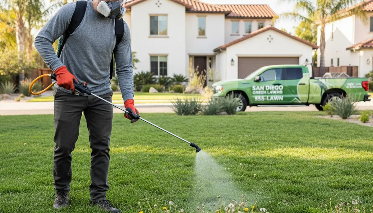 Lawn care specialist applying targeted weed control treatment at a San Diego, CA residential property