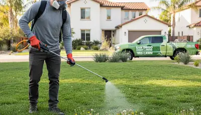 Lawn care specialist applying targeted weed control treatment at a San Diego, CA residential property